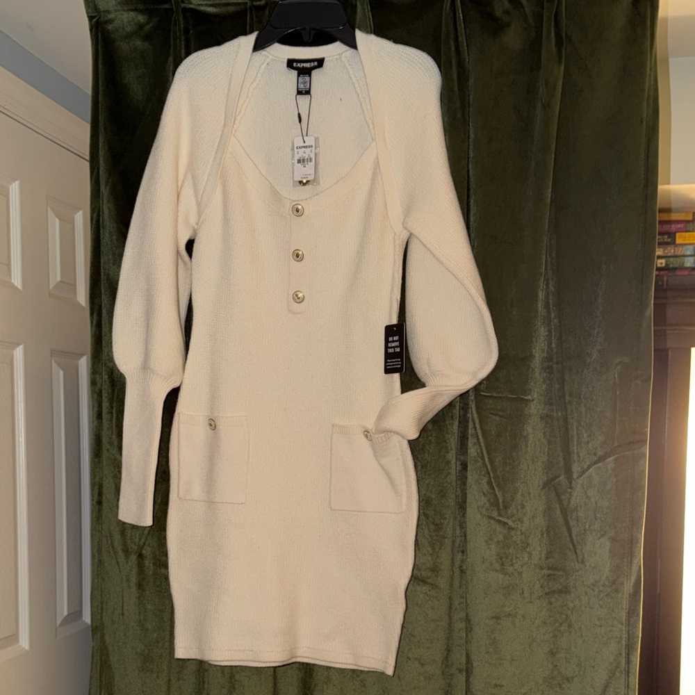 Express Cream V-Neck Sweater Dress